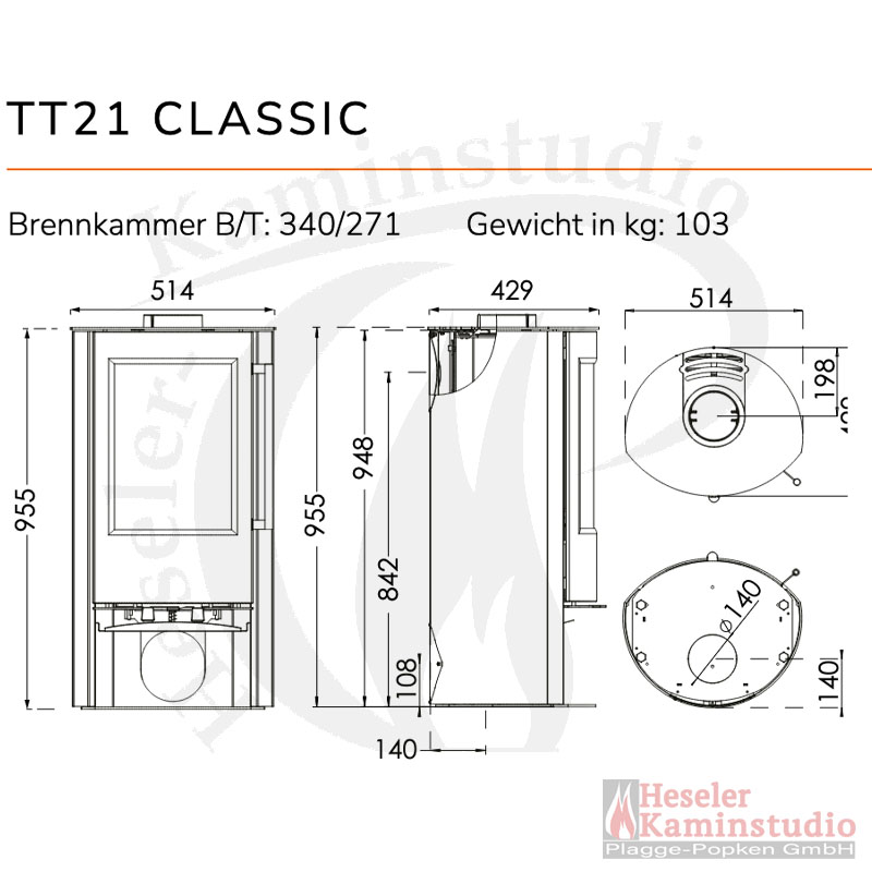 Masszeichnung TermaTech TermaTech Kaminofen | TT21 Classic | 5 kW Masszeichnung TermaTech TermaTech Kaminofen | TT21 Classic | 5 kW