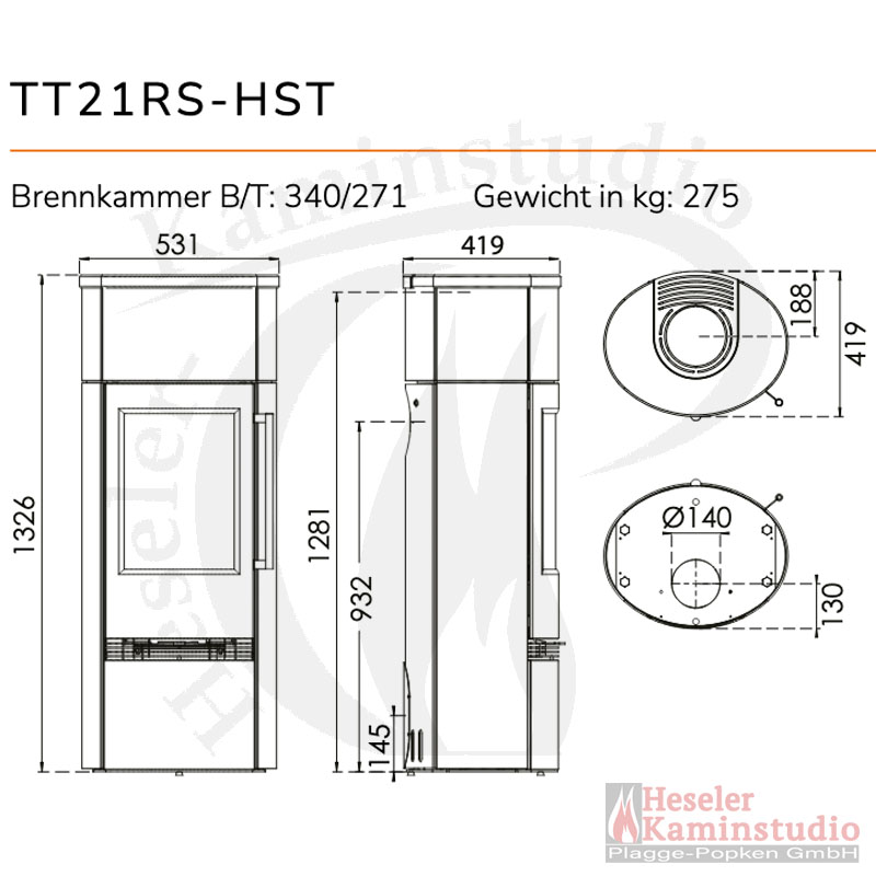 Masszeichnung TermaTech TermaTech Kaminofen | TT21RS-HST Speckstein | 5 kW Masszeichnung TermaTech TermaTech Kaminofen | TT21RS-HST Speckstein | 5 kW