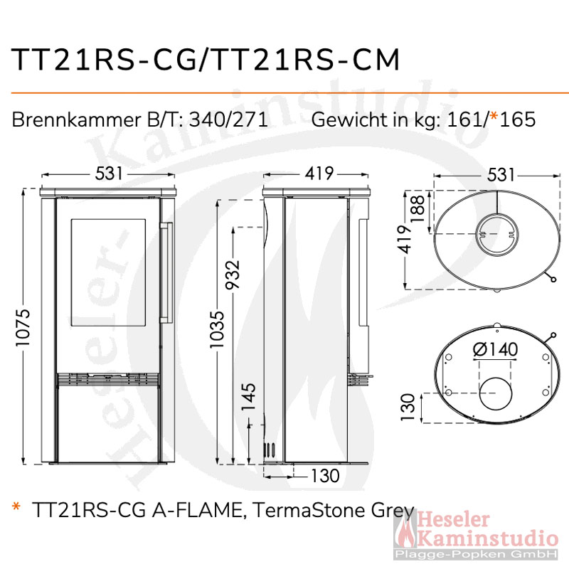 Masszeichnung TermaTech TermaTech Kaminofen | TT21RS-CG A-FLAME TermaStone Grey | 5 kW Masszeichnung TermaTech TermaTech Kaminofen | TT21RS-CG A-FLAME TermaStone Grey | 5 kW