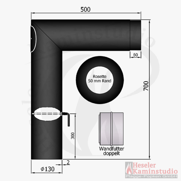Rohr-Set 90° 700x300 mm mit Tür&DK Inkl. Rosette und Doppelwandfutter (130 Ø mm)