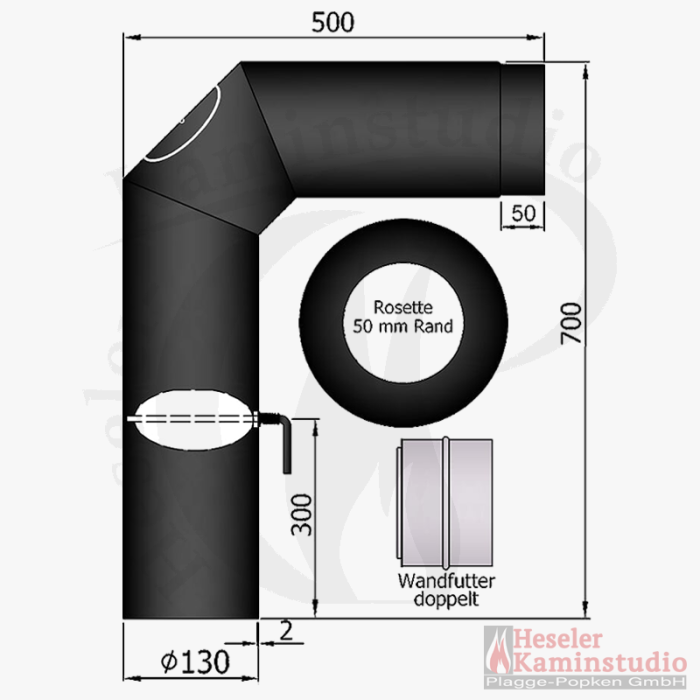 Rohr-Set 2x45° 700x500 mm mit Tür&DK Inkl. Rosette und Doppelwandfutter (130 Ø mm)