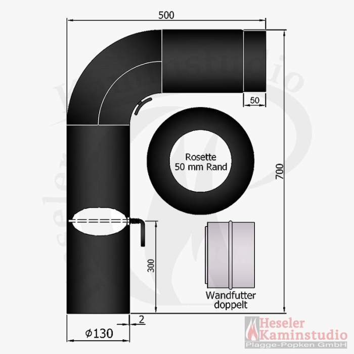 Rohr-Set - Fullform 700x500 mm mit Tür&DK Inkl. Rosette und Doppelwandfutter (130 Ø mm)