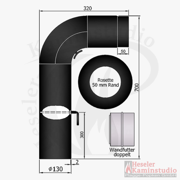 Rohr-Set - Fullform 700x300 mm mit Tür&DK Inkl. Rosette und Doppelwandfutter (130 Ø mm)