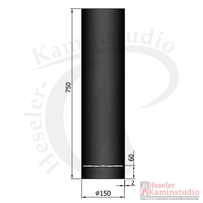 Rauchrohr m. Kondensring, L. 750 mm, zylindrisch 150 Ø mm