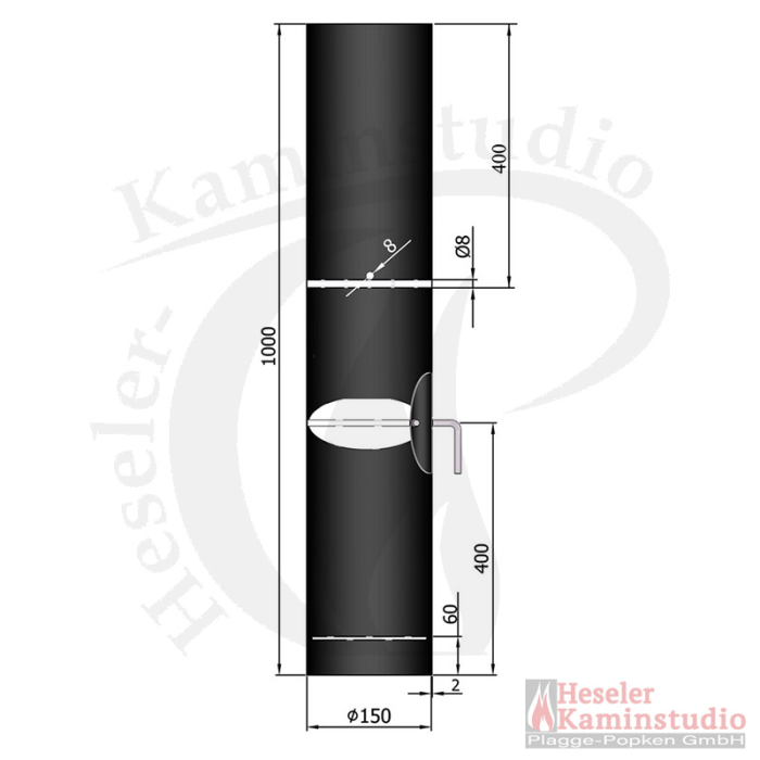 Rauchrohr m. Kondensring, Tür , DK und Kugelfang Länge 1000 mm zylindrisch 150 Ø mm schwarz