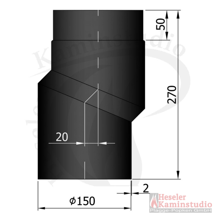 Ofenrohr Bogen S - 20 mm verschoben, L=270 mm 150 Ø mm schwarz